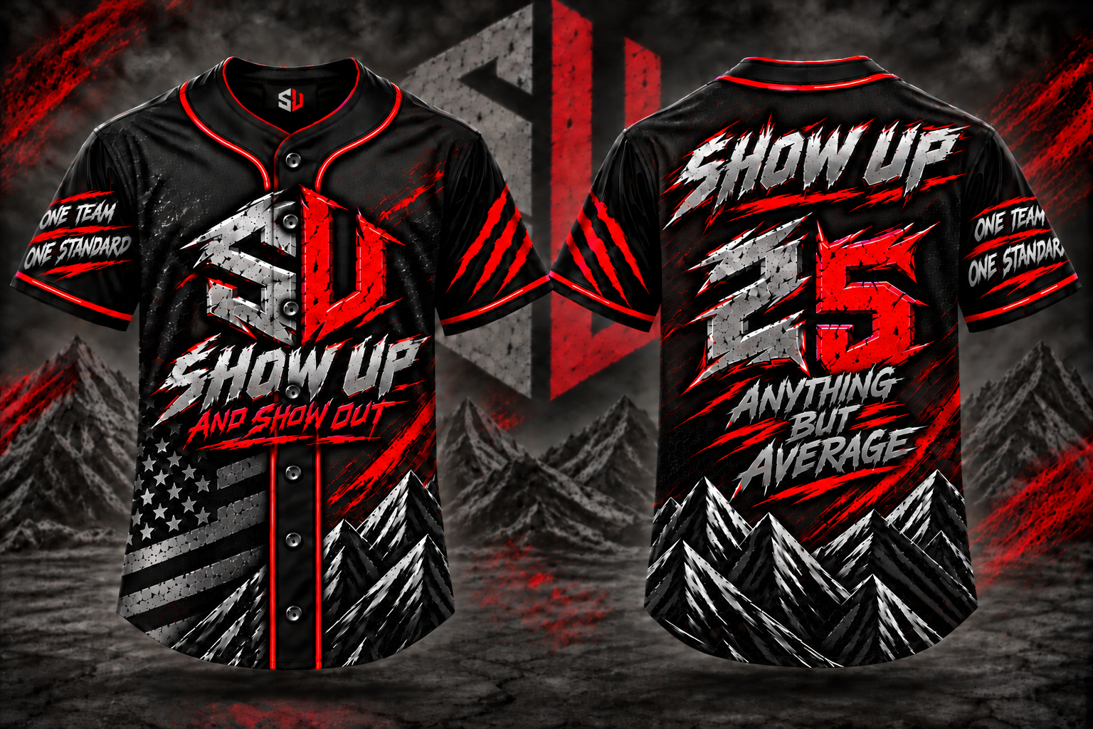 Red Show Up baseball jersey, front and back